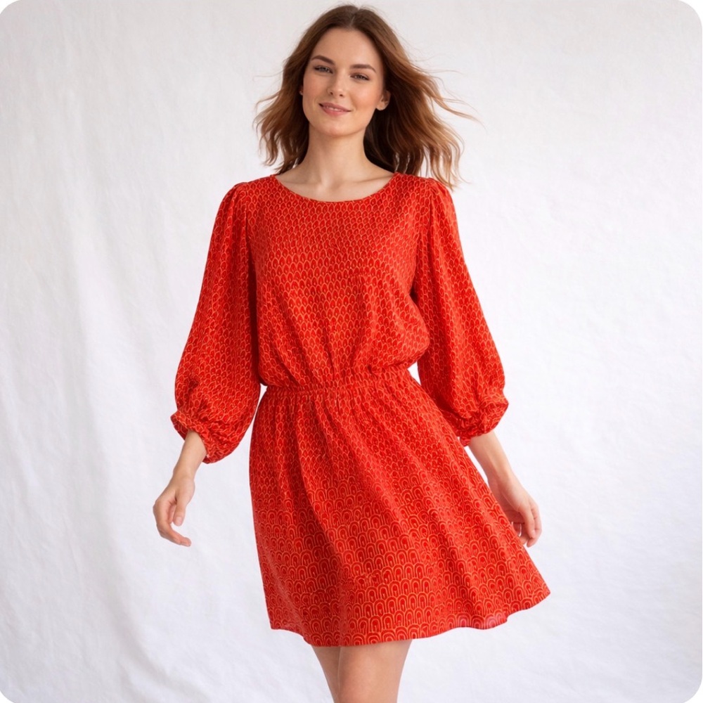 Pippa Balloon Sleeve 100% Silk Dress sz 12 Boho Quiet Luxury Office Church